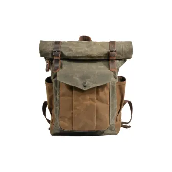 TTaG．baG Top Grain Cow Leather With Shellac Canvas Backpack Men's Dark Gray/Coffee/Military Green Gray Green/Lake Green