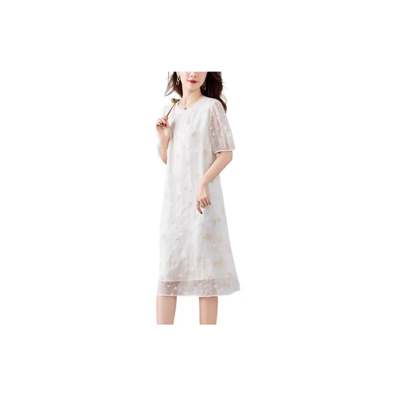 Yi Mengyuan Silk Short Sleeved Dress Women's Beige-4
