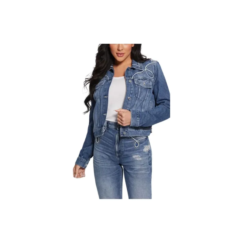 GUESS FW23 Eco Delya Denim Trucker Jacket Jackets Coats Women's Blue-1