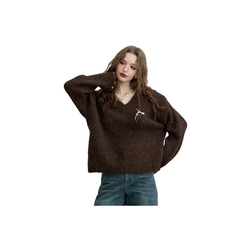ELF SACK Fuzzy V Neck Pullover Sweater With Fine Sparkle Women's-1