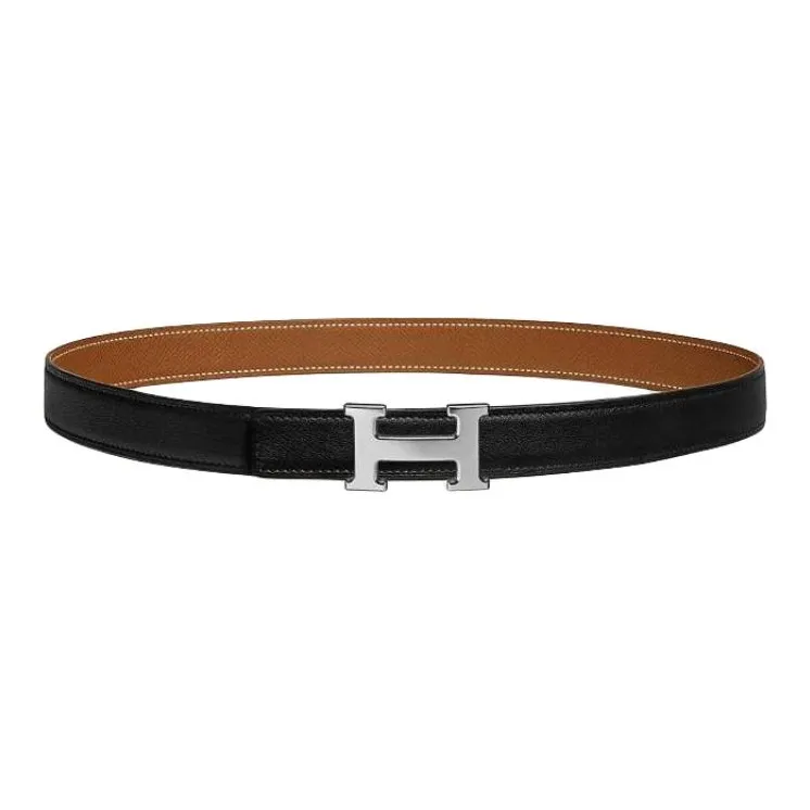 HERMES Palladium Plated Leather Belts Unisex Black/Umber Width 2.4cm-1