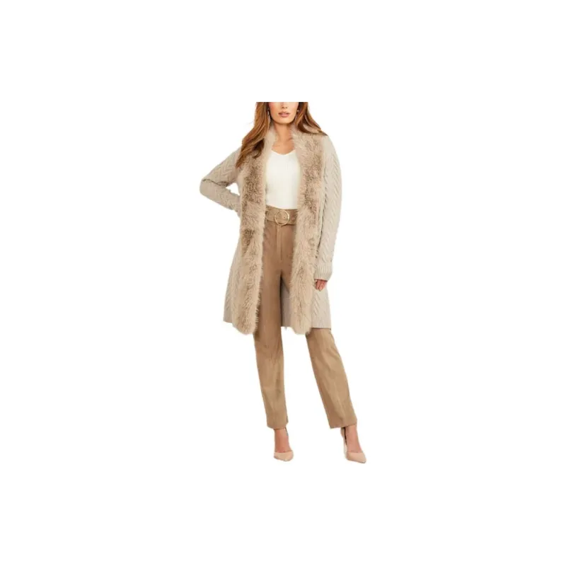 GUESS Paula Faux-Fur Long Cardigan Sweater Jackets Coats Women's Beige-3