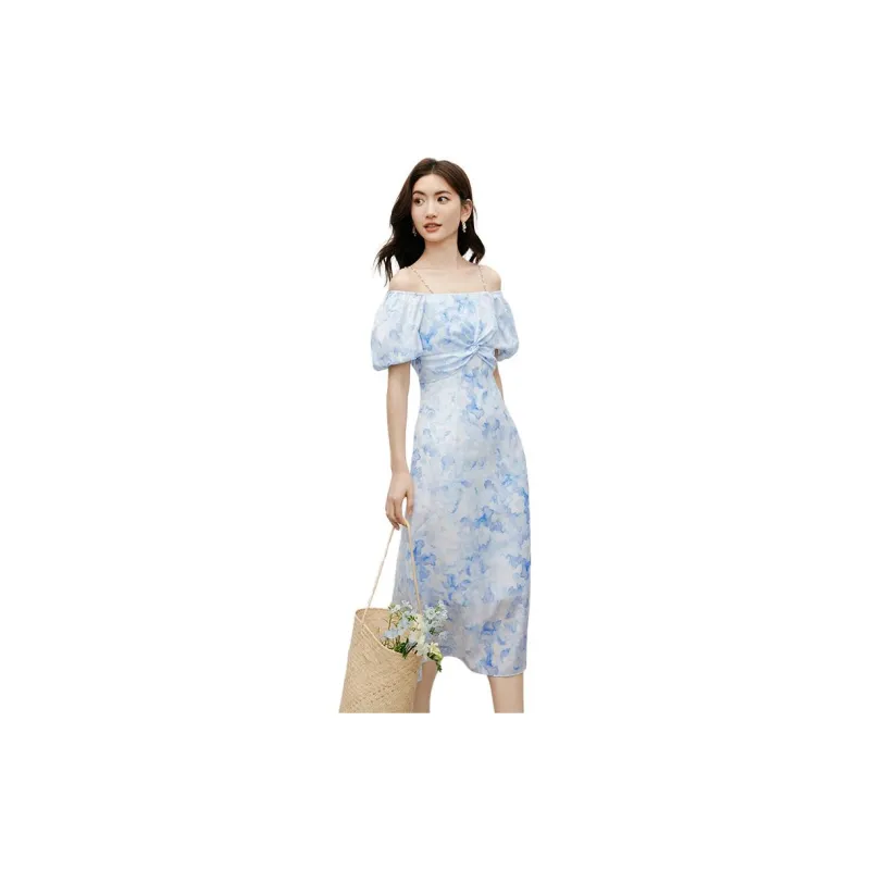 Hopeshow Short-Sleeved Dresses Women's Blue Flower-4