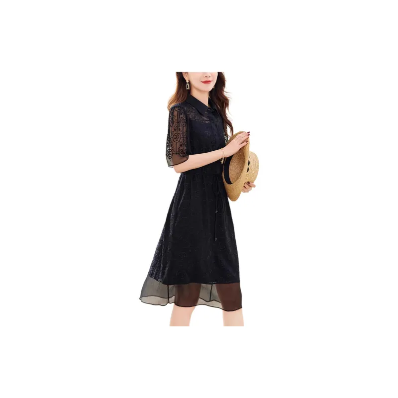 Yi Mengyuan Silk Short Sleeved Dress Women's Black-3