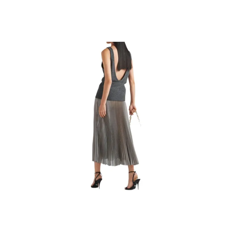 PRADA Logo Waistband Pleated Midi Skirt-2