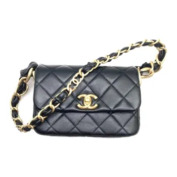 CHANEL Waxed Sheepskin Crossbody Bag Shoulder Bag Small Size Women's Black