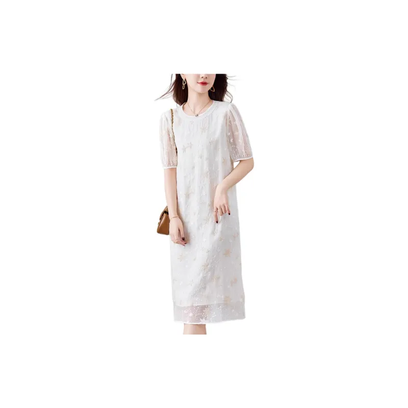 Yi Mengyuan Silk Short Sleeved Dress Women's Beige-3