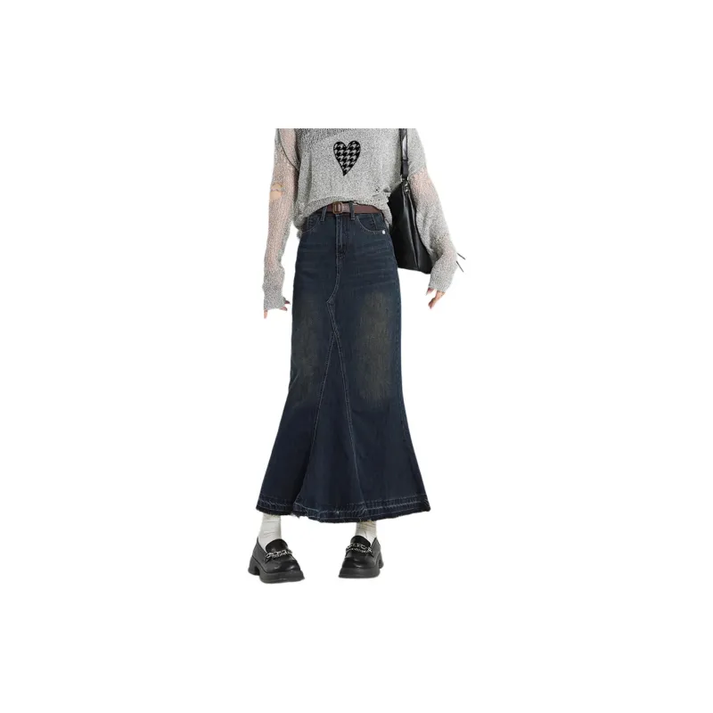 Weixi Denim Long Skirts Women's Vintage Blue-2
