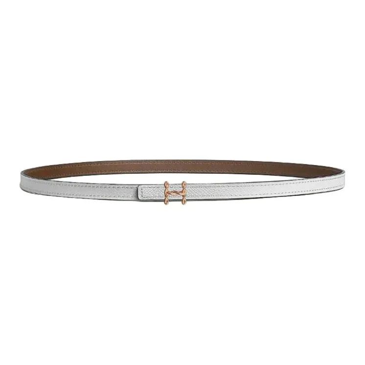 HERMES Rose Gold Plated Leather Belts Unisex Taupe/White Width 1.3cm-1