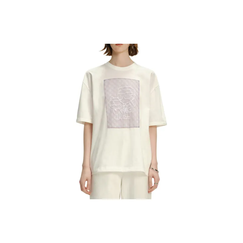 KARL LAGERFELD Cartoon Print Gauze Patchwork Crew Neck Short Sleeved T Shirt Women's White-3