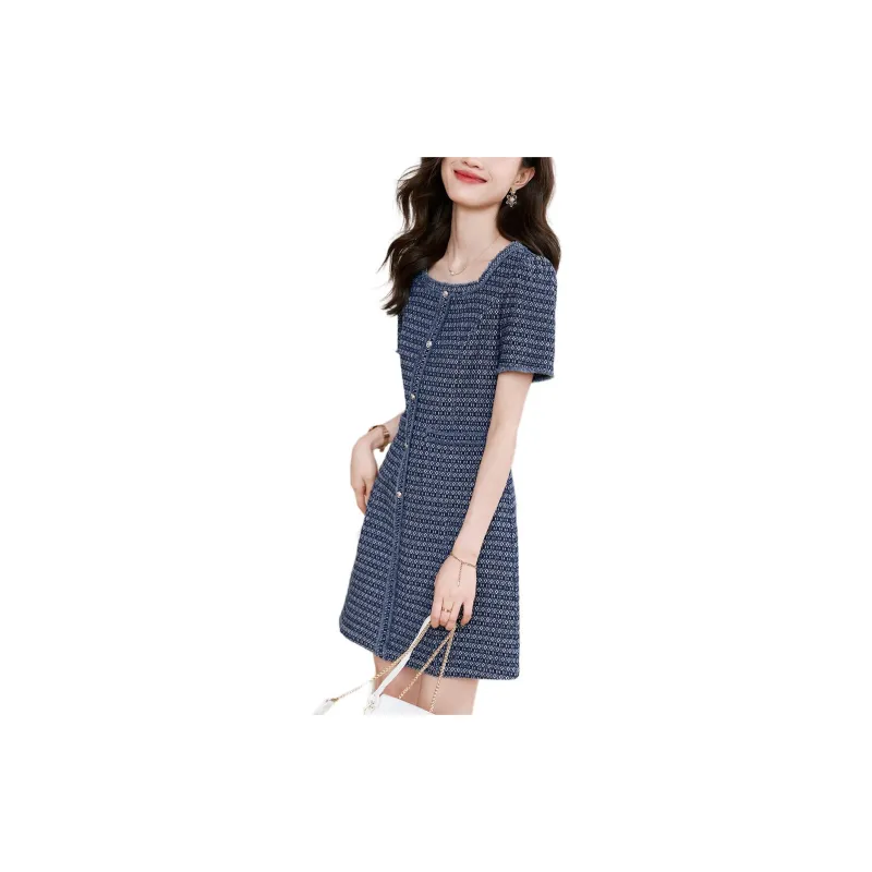 Mo Han Yi Mei Short Sleeved Dress Women's Dark Denim Blue-0
