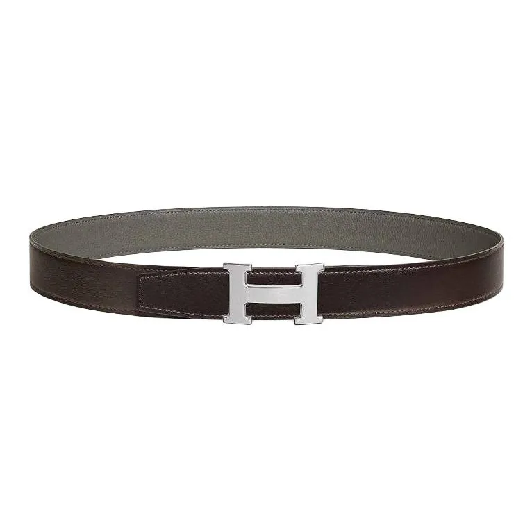 HERMES Brushed Palladium Leather Belts Men's Tan Width: 3.2CM-1
