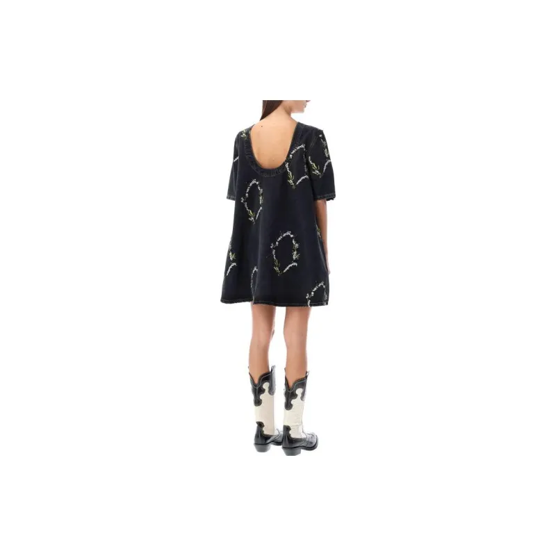 GANNI Embroidery Denim A Line Mini Dress 'Washed Black/Black'-2