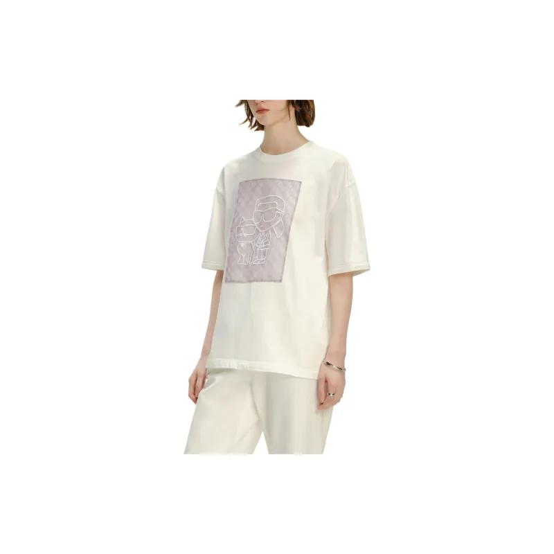 KARL LAGERFELD Cartoon Print Gauze Patchwork Crew Neck Short Sleeved T Shirt Women's White-4
