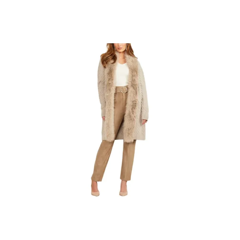 GUESS Paula Faux-Fur Long Cardigan Sweater Jackets Coats Women's Beige-2
