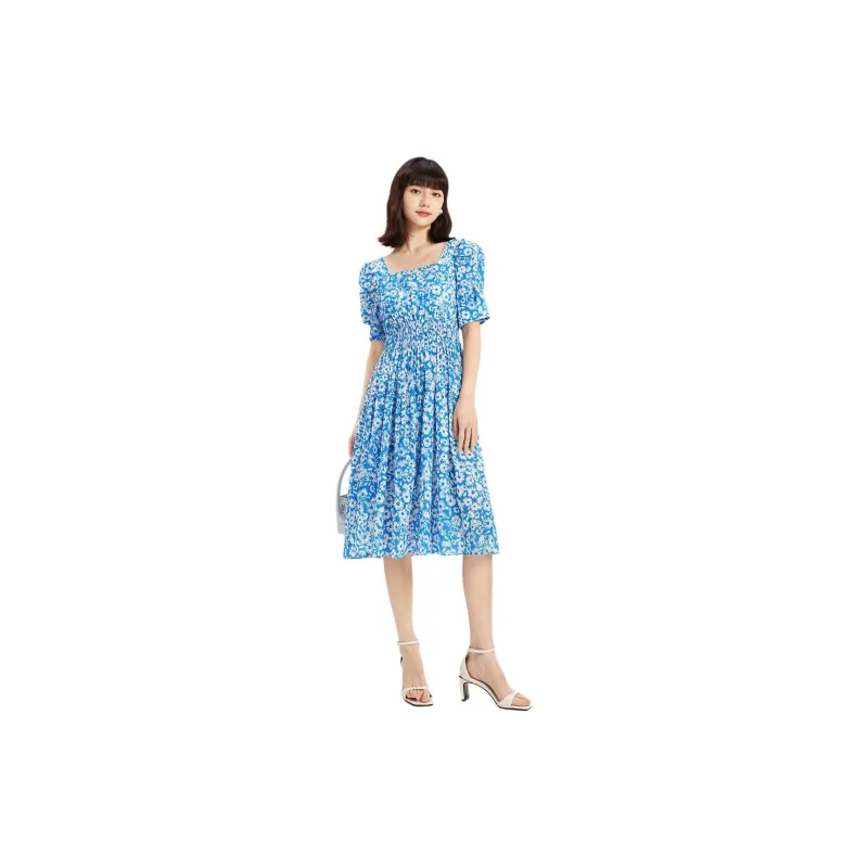 Hopeshow Short-Sleeved Dresses Women's Blue Background With Flowers-1