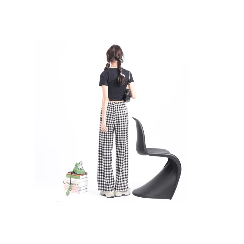 WOWI Casual Pants Women's Black White Plaid-2