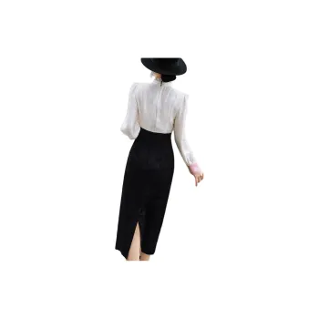 LANSEER Long-Sleeved Dresses Women's Black White
