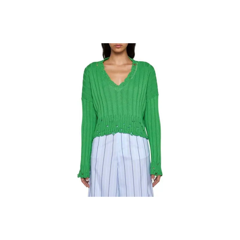 MARNI Distressed V Neck Rib Sweater 'Green'-2