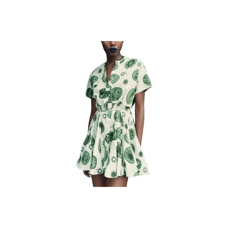 ZARA ZW Series Short Sleeved Dresses Women's Nude/Green-1