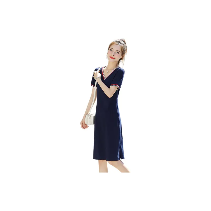 Mo Han Yi Mei Short Sleeved Dress Women's Navy Blue-3
