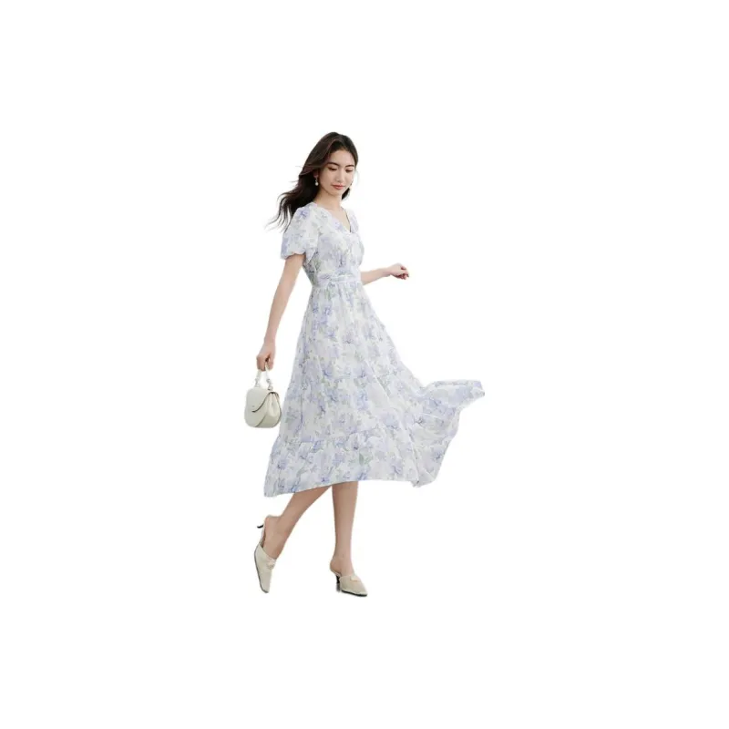 Hopeshow Short Sleeved Dress Women's Pink Purple Floral-3