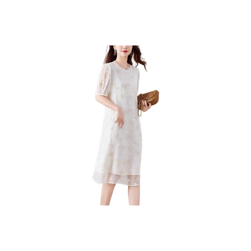 Yi Mengyuan Silk Short Sleeved Dress Women's Beige-5