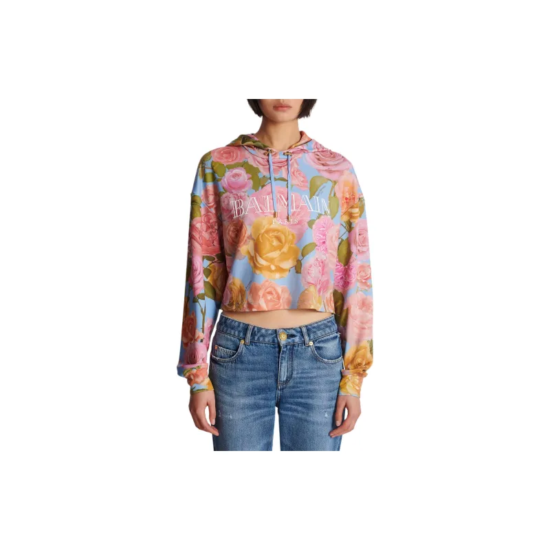 BALMAIN Floral print Cropped Hoodie-5