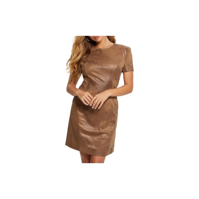 GUESS Eco Sveva Faux-Leather Icon Dress Short-Sleeved Dresses Women's Brown-1