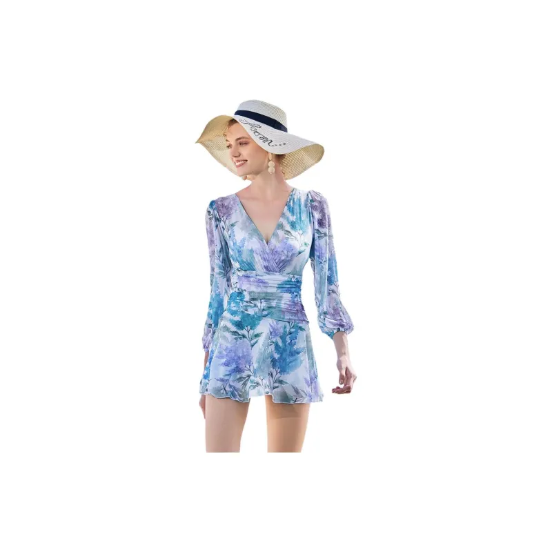 ZOKE One-piece Swimsuit Women's White Blue Purple Flower-1