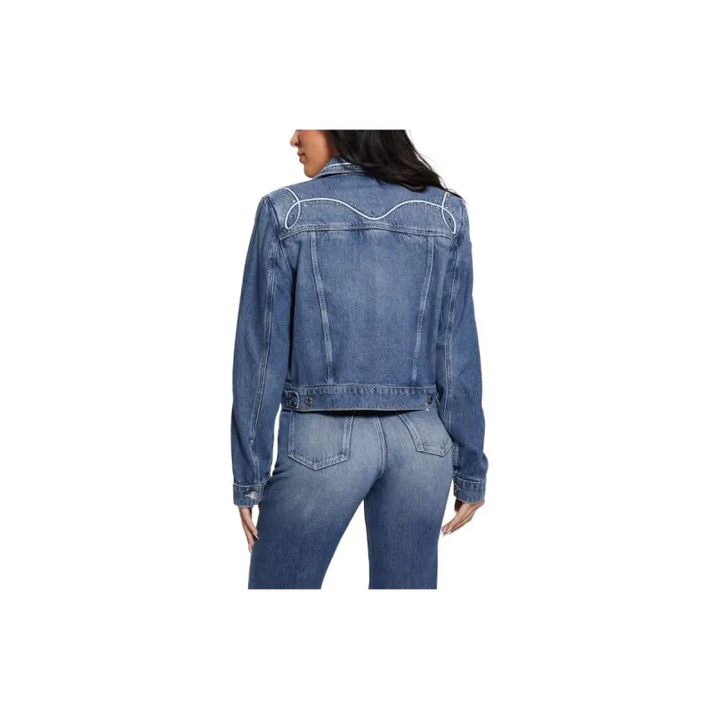 GUESS FW23 Eco Delya Denim Trucker Jacket Jackets Coats Women's Blue-4