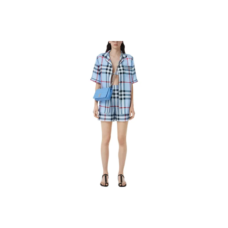 Burberry Check Pattern Silk Shorts Blue-2