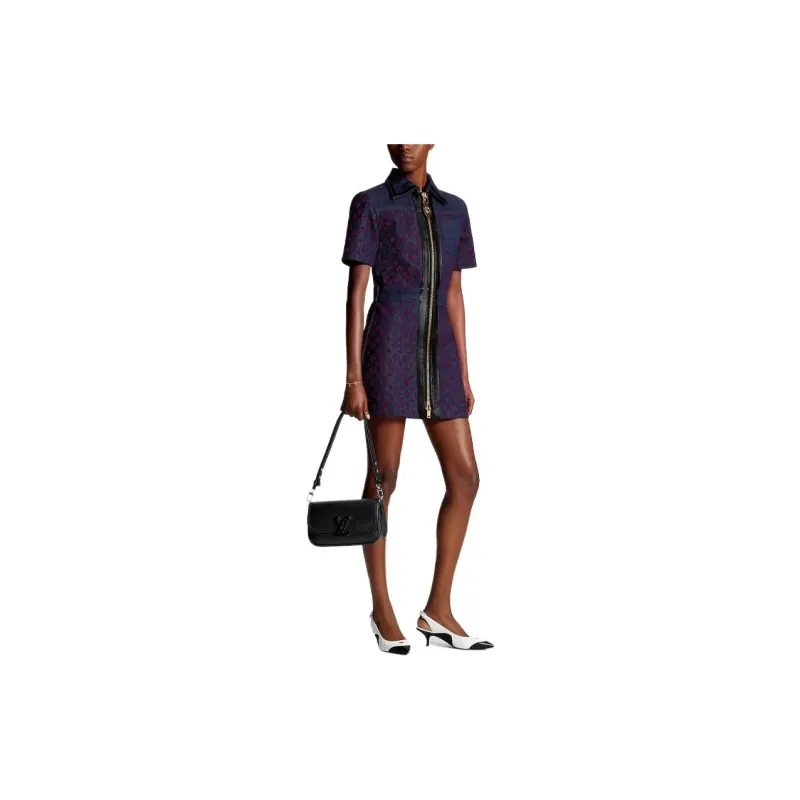 LOUIS VUITTON Flocked Monogram Denim Zip Up Dress-2