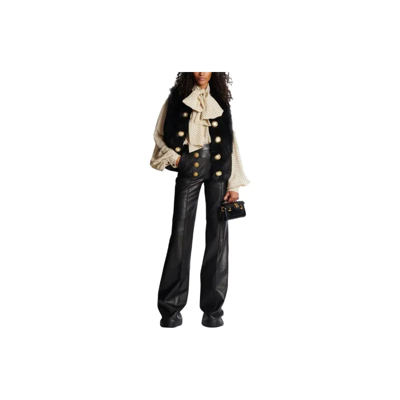 BALMAIN Button embellished Leather Flared Trousers-1