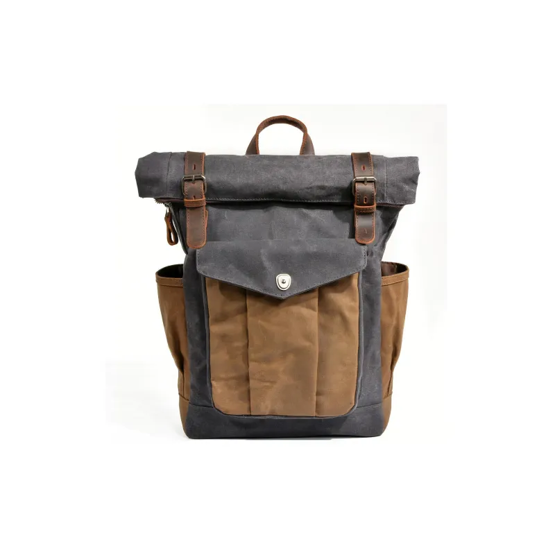 TTaG．baG Top Grain Cow Leather With Shellac Canvas Backpack Men's Dark Gray/Coffee/Military Green Gray Green/Lake Green-0