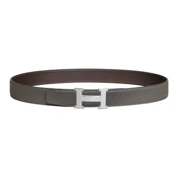 HERMES Brushed Palladium Leather Belts Men's Tan Width: 3.2CM