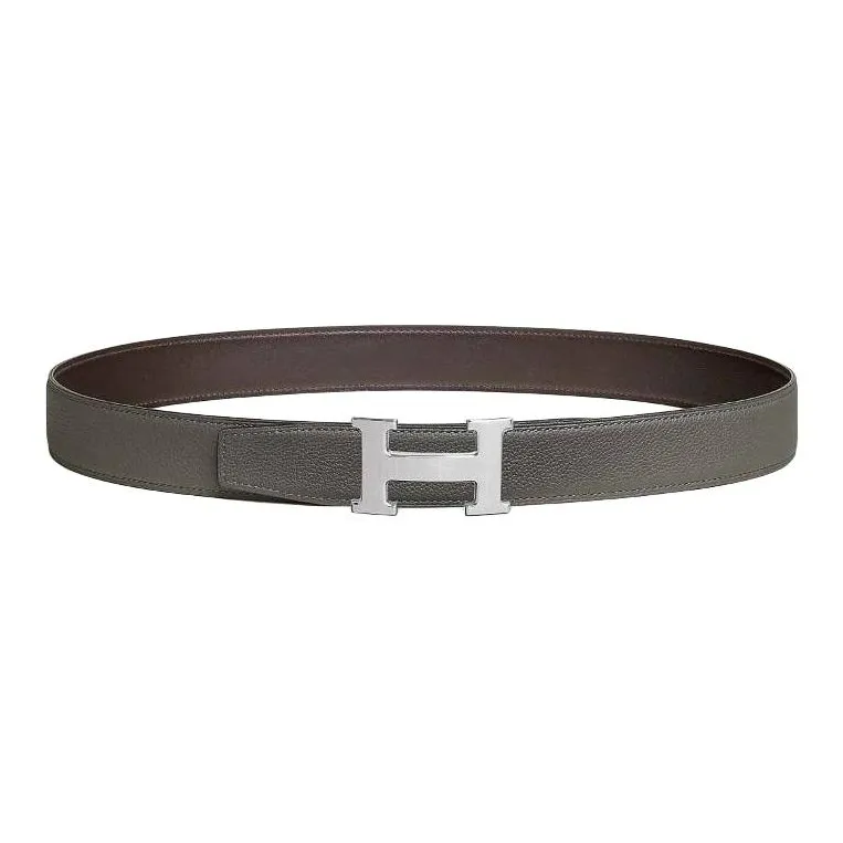 HERMES Brushed Palladium Leather Belts Men's Tan Width: 3.2CM-0