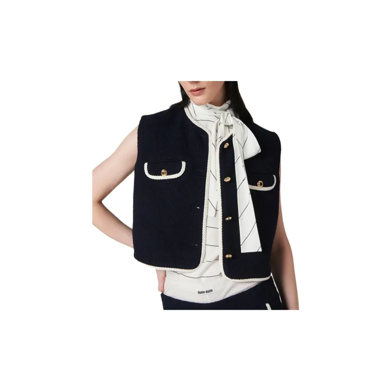 MIU MIU Single Breasted Tweed Vest Women's Marine Blue-1