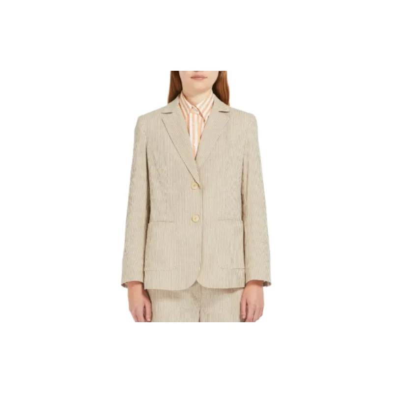 WEEKEND MaxMara Aletta Collection Cotton And Linen Seersucker Blazer Business Suit Women's Beige-2