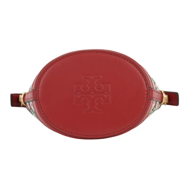 TORY BURCH T Monogram Embroidery Canvas Bucket Bag, Crossbody Handbag Mini Women's Hazelnut Brown/Red-7