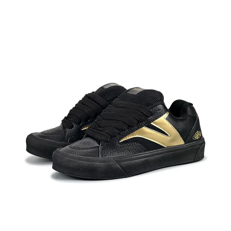 VFDF Puffy Shoes Anti Slip And Wear Resistant Breathable Low Top Skateboard Shoes Unisex Black Gold-2