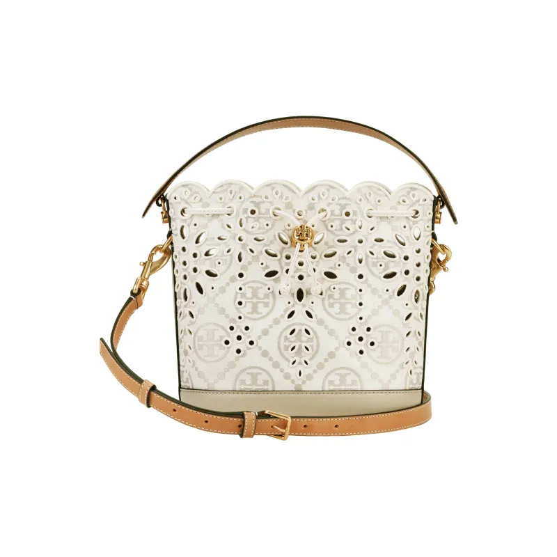 TORY BURCH T Monogram Leather Bucket Bag, Shoulder Bag, Crossbody Bag, Handbag Women's Ivory White-1