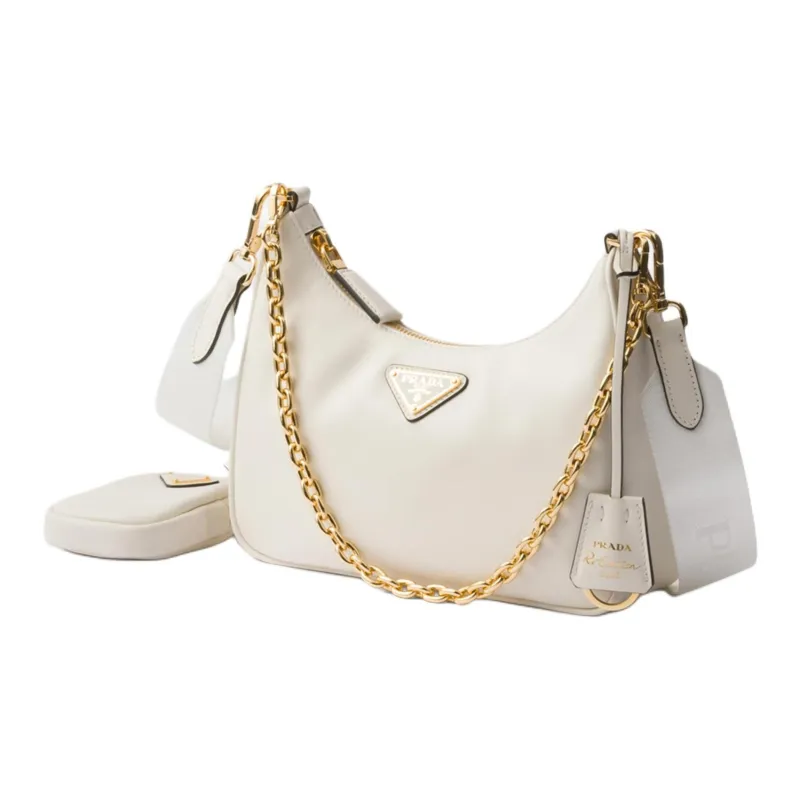 PRADA Leather Crescent Bag, Portable Crossbody Bag, Shoulder Bag Mini Women's White-1