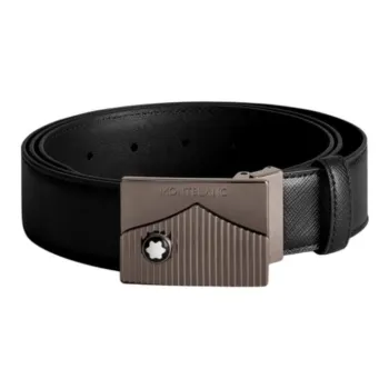 MONTBLANC Leather Chrome Plated Leather Belts Men's Black Width 3.5CM