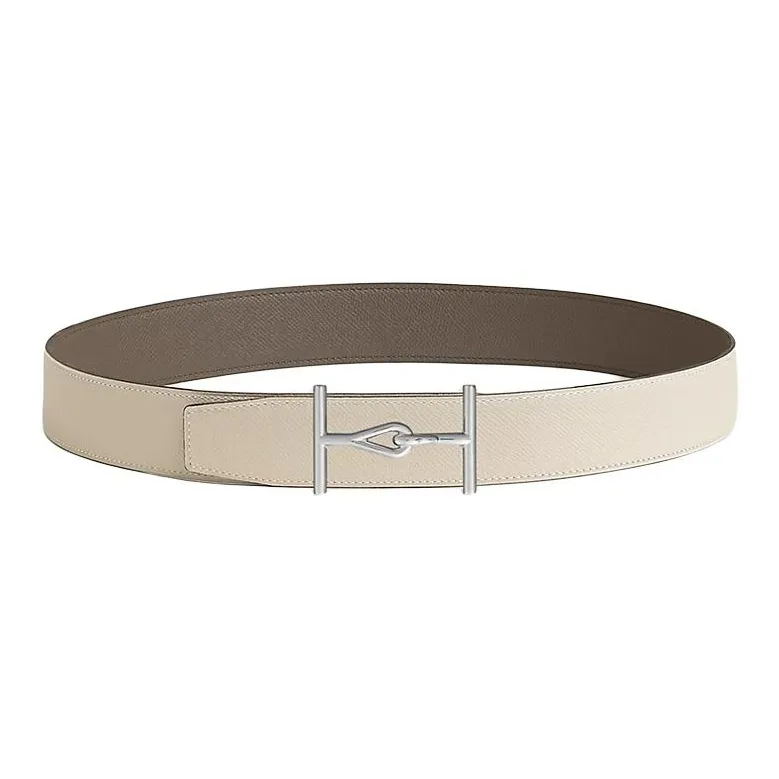 HERMES Calfskin Metal Stainless Steel Leather Belts Men's Brown/Beige Width: 3.8CM-1
