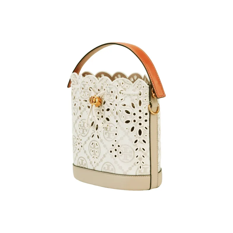 TORY BURCH T Monogram Leather Bucket Bag, Shoulder Bag, Crossbody Bag, Handbag Women's Ivory White-2