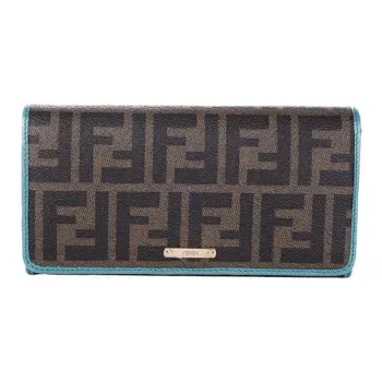 FENDI Patchwork Card Holder Wallet Women's Brown/Lake Blue