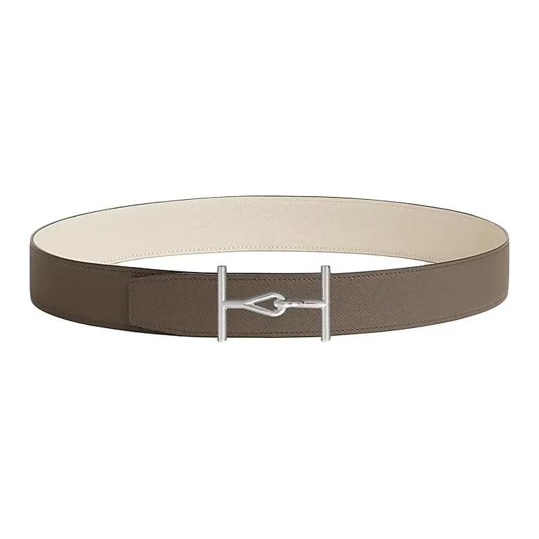 HERMES Calfskin Metal Stainless Steel Leather Belts Men's Brown/Beige Width: 3.8CM-0