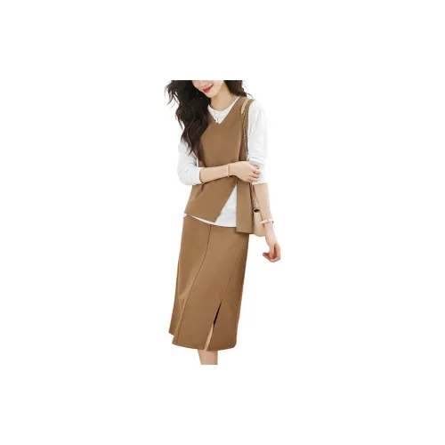 Mo Han Yi Mei Two Piece Skirt Sets Women's Coffee