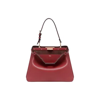 FENDI Peekaboo Calfskin Handbag Shoulder Bag Medium Size Women's Red